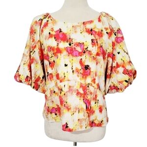 DKNY Woman's Linen Blend Abstract Colorful Floral Puff Sleeve Blouse Size Large